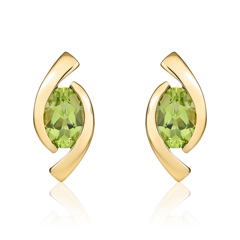 9ct Yellow Gold Oval Natural Peridot 'Eye' Stud Earrings — 6x4mm