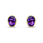 9ct Yellow Gold Oval Natural Amethyst Rubover Stud Earrings — 7x5mm