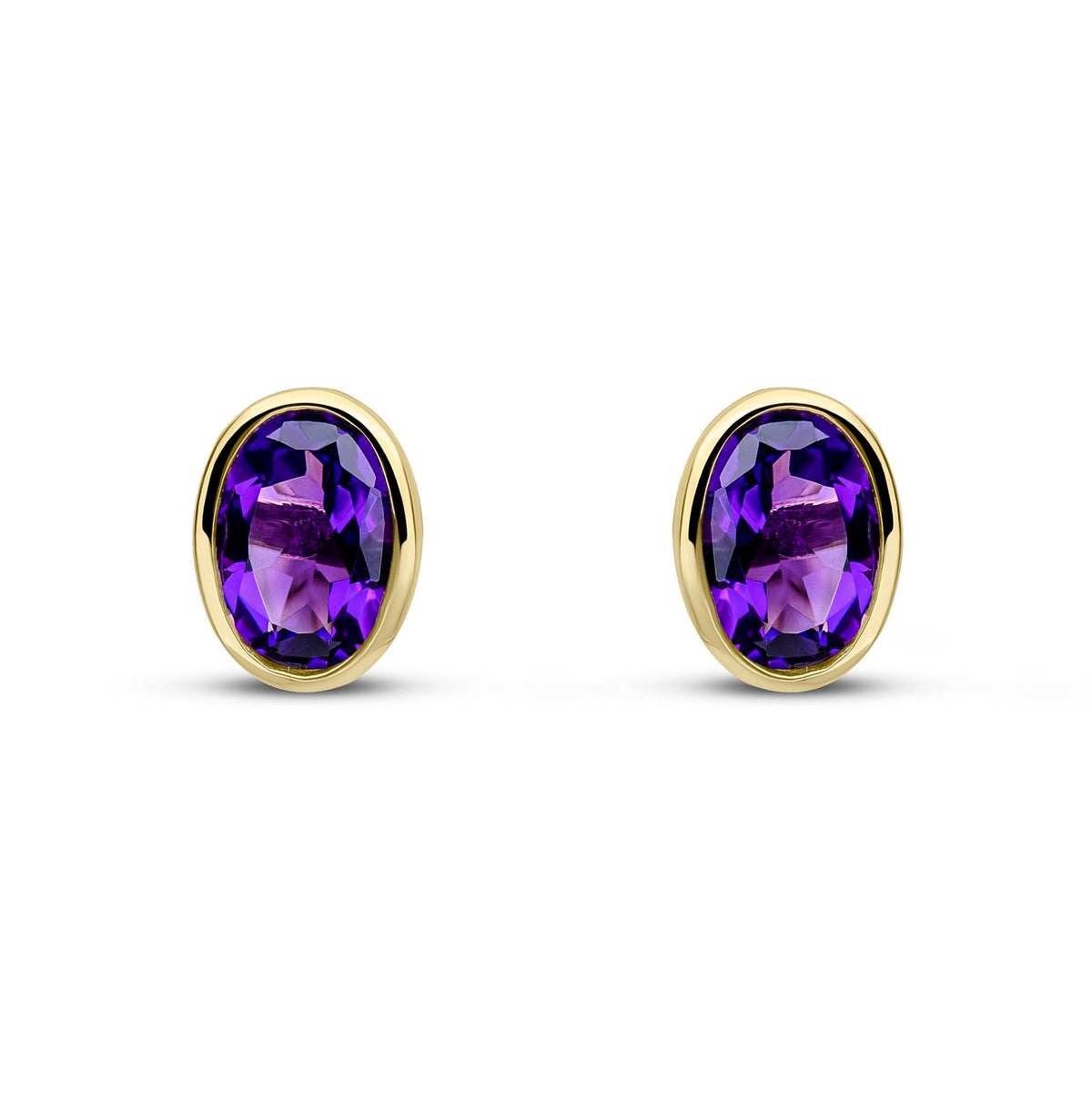 9ct Yellow Gold Oval Natural Amethyst Rubover Stud Earrings — 7x5mm