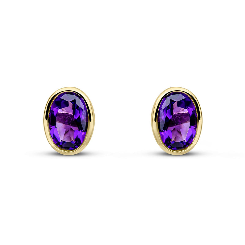 9ct Yellow Gold Oval Natural Amethyst Rubover Stud Earrings — 7x5mm