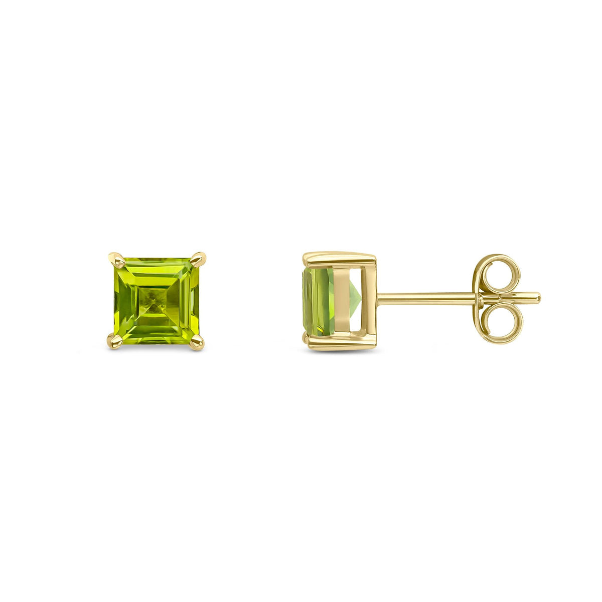 9ct Yellow Gold Square Natural Peridot Claw Stud Earrings — 5mm