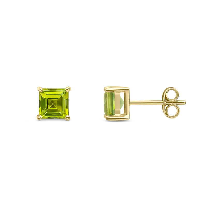 9ct Yellow Gold Square Natural Peridot Claw Stud Earrings — 5mm