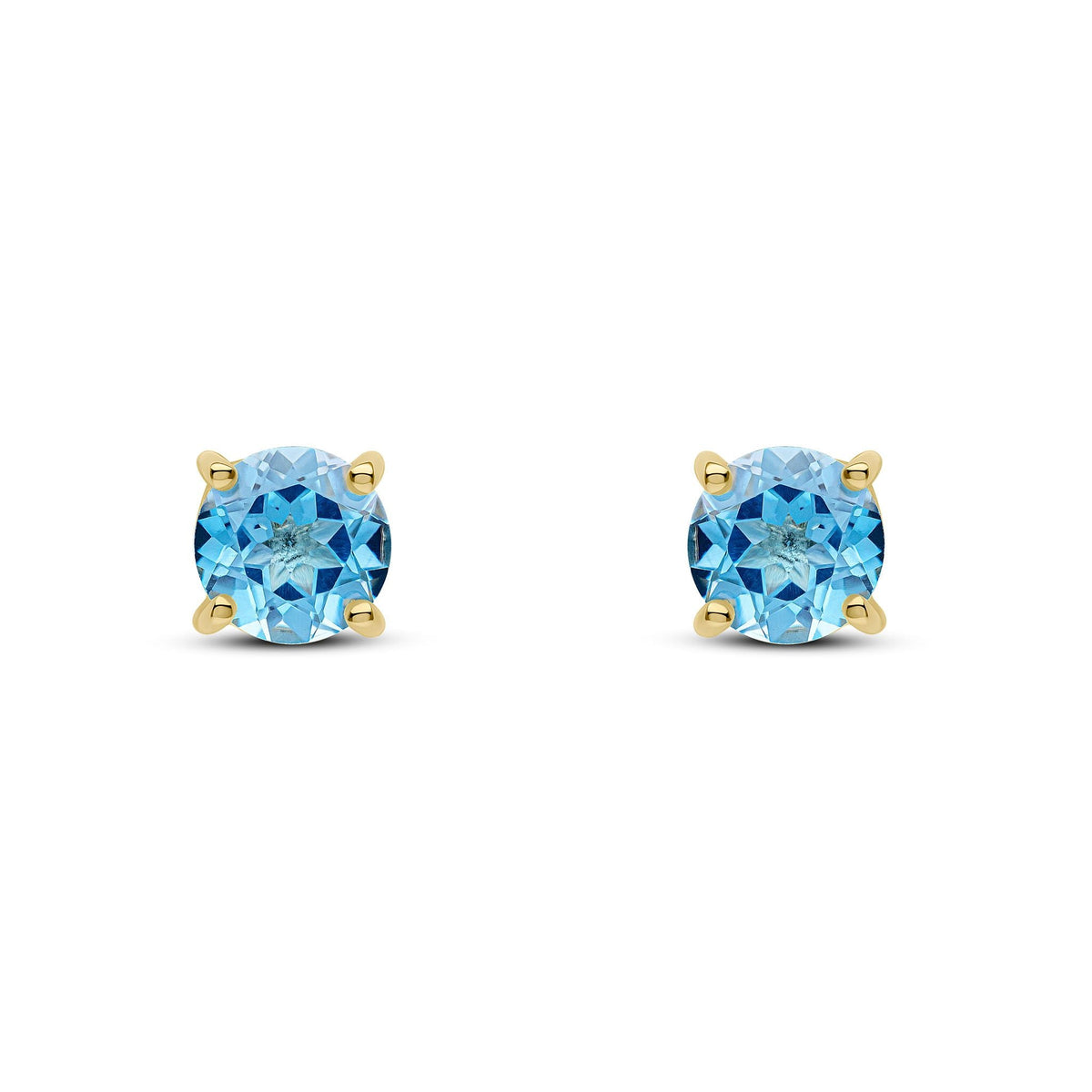 9ct Yellow Gold Round Natural Swiss Blue Topaz Claw Stud Earrings — 6mm