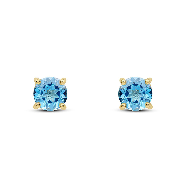 9ct Yellow Gold Round Natural Swiss Blue Topaz Claw Stud Earrings — 6mm