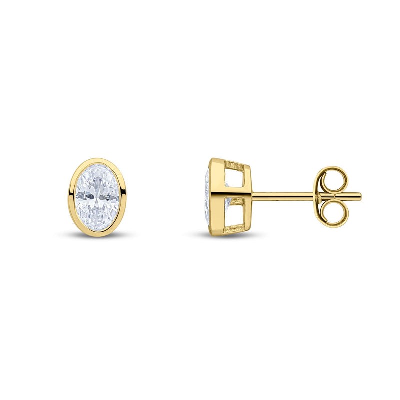 9ct Yellow Gold Oval Cubic Zirconia CZ Rubover Stud Earrings — 6x4mm
