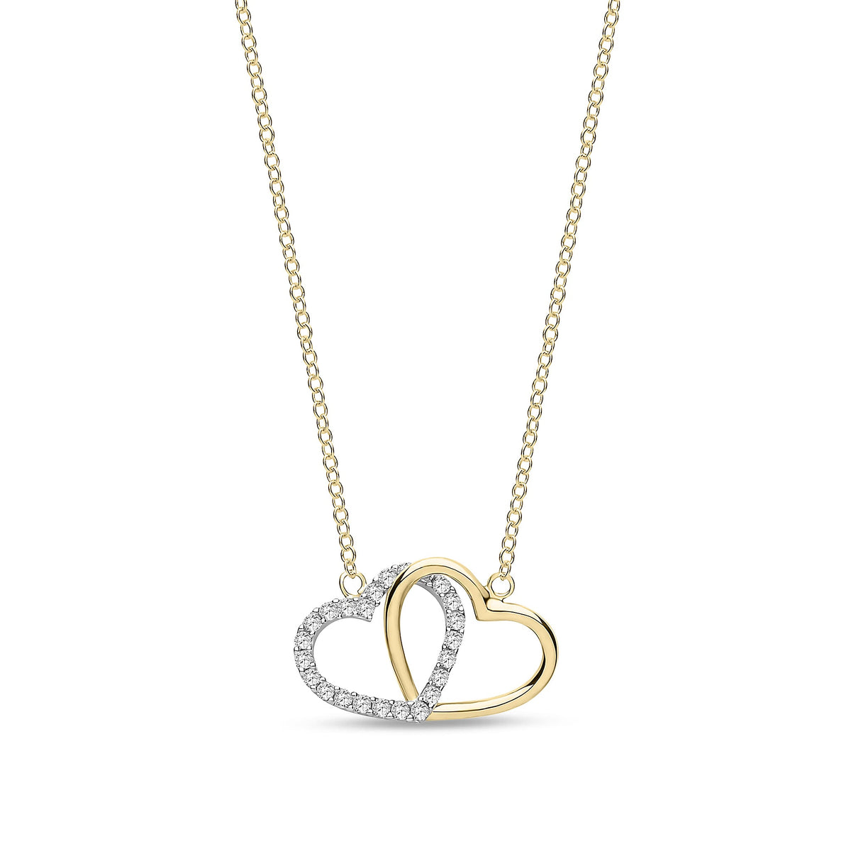 9ct Yellow and White Gold Joined Hearts Pendant Necklace with Cubic Zirconia