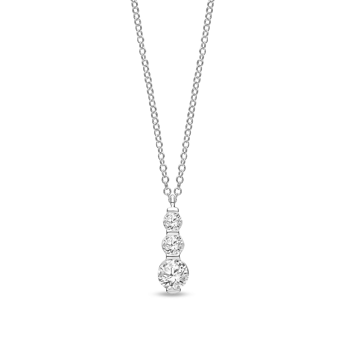 9ct White Gold Graduated Cubic Zirconia Drop Pendant Necklace