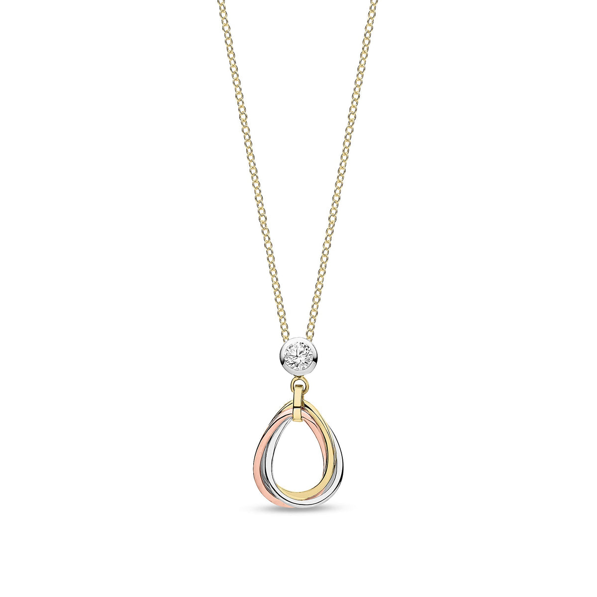 9ct Yellow, White and Rose Gold Teardrop Pendant Necklace with Round Cubic Zirconia