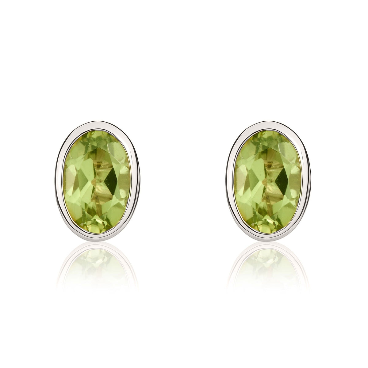 9ct White Gold Oval Natural Peridot Rubover Stud Earrings — 6x4mm