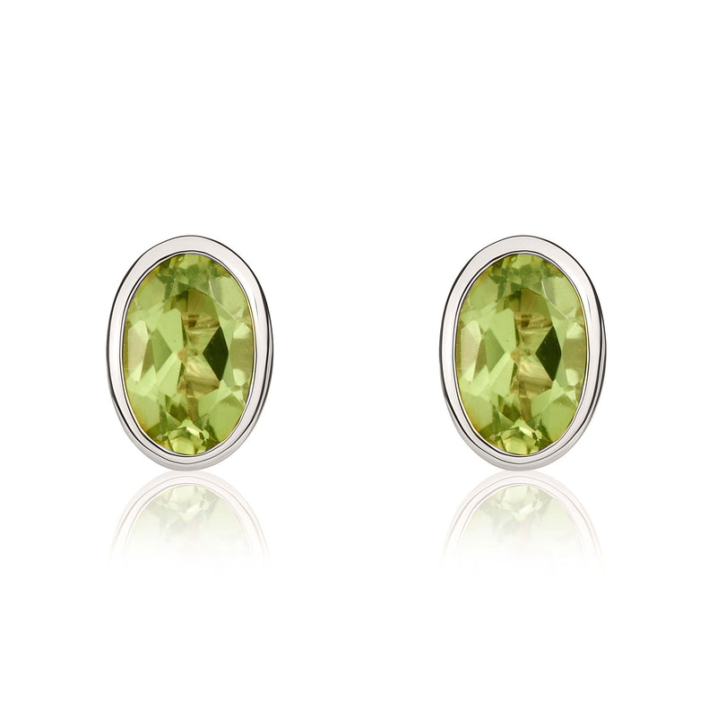 9ct White Gold Oval Natural Peridot Rubover Stud Earrings — 6x4mm