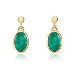 9ct Yellow Gold Oval Natural Emerald Rubover Drop Earrings — 6x4mm