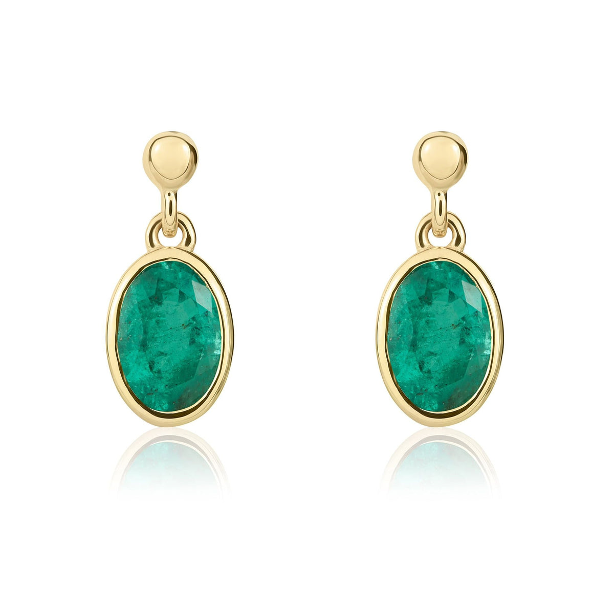 9ct Yellow Gold Oval Natural Emerald Rubover Drop Earrings — 6x4mm