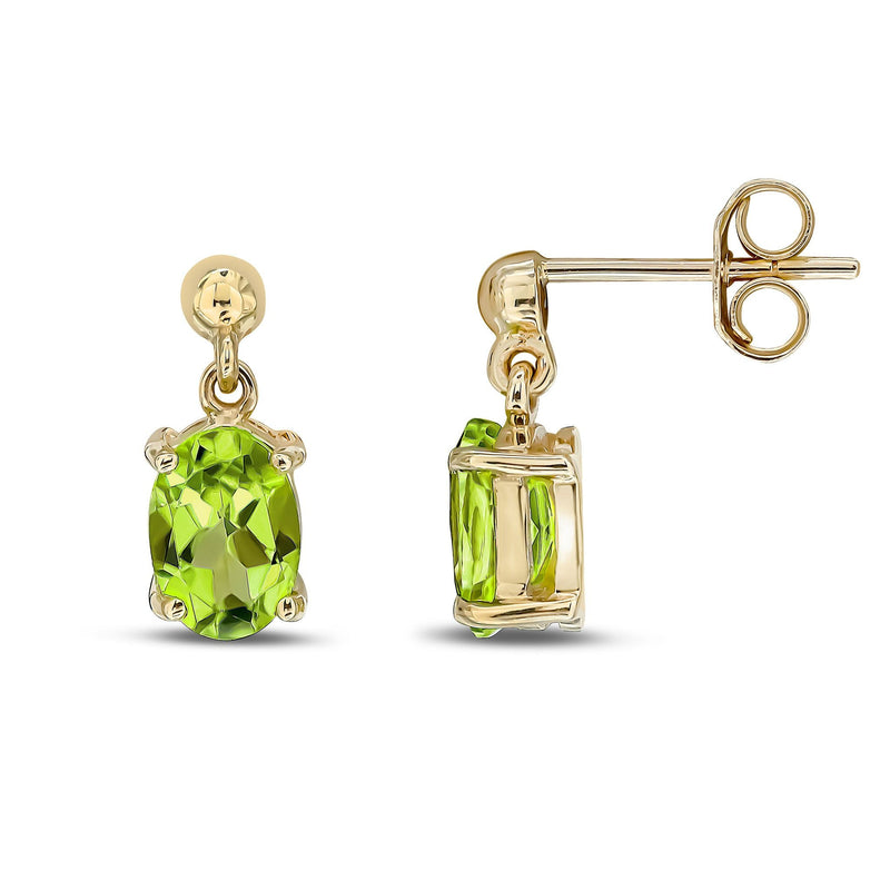 9ct Yellow Gold Oval Natural Peridot Claw Drop Earrings — 7x5mm