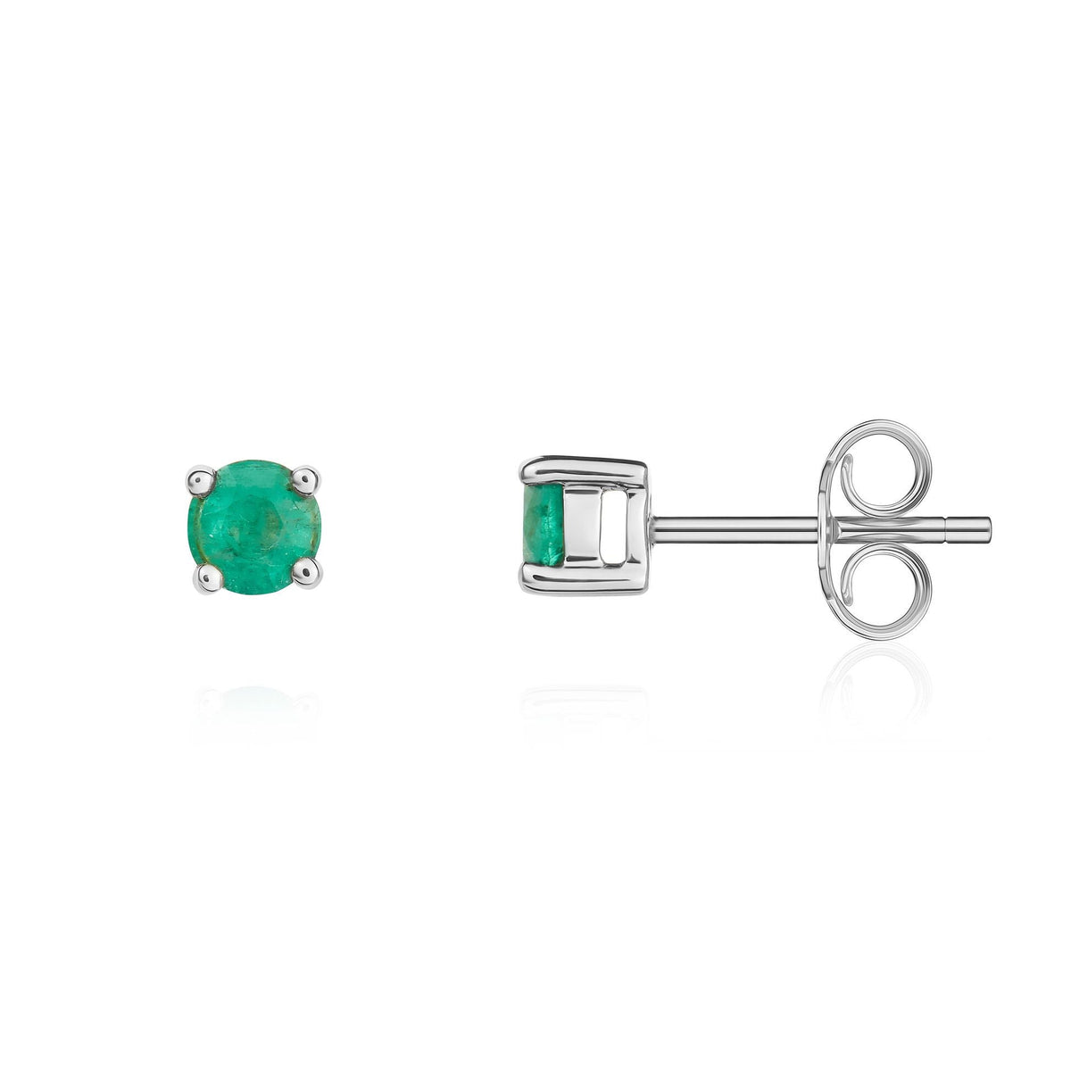 9ct White Gold Round Natural Emerald Claw Stud Earrings — 4mm