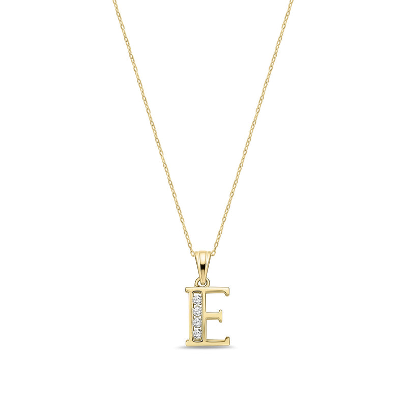 9ct Yellow Gold Channel Set Cubic Zirconia Initial Pendant - Initial E