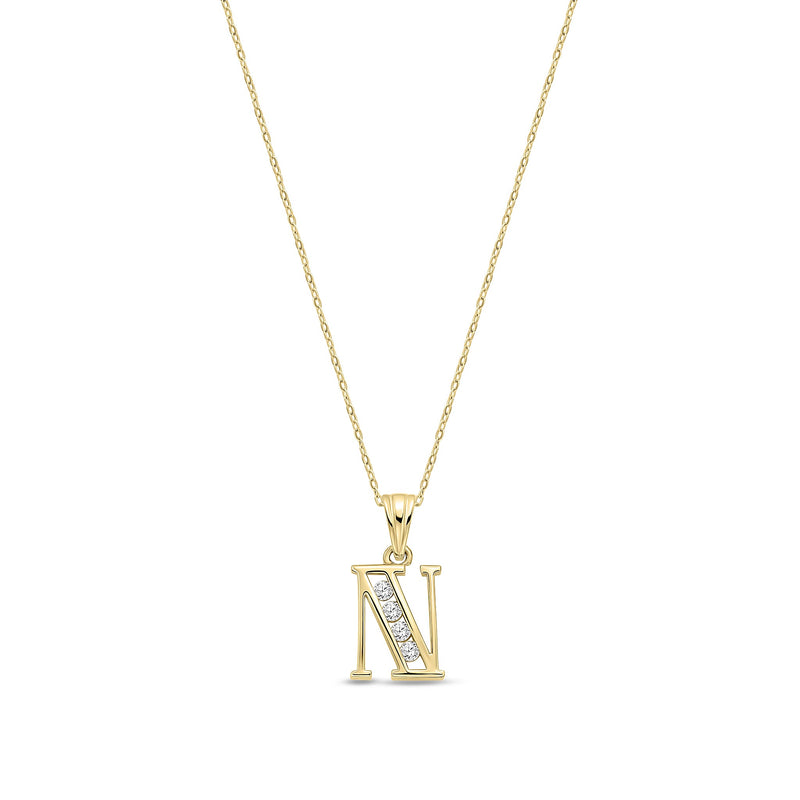 9ct Yellow Gold Channel Set Cubic Zirconia Initial Pendant - Initial N