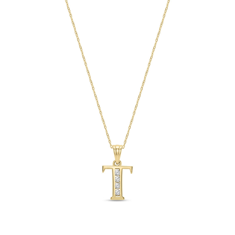 9ct Yellow Gold Channel Set Cubic Zirconia Initial Pendant - Initial T