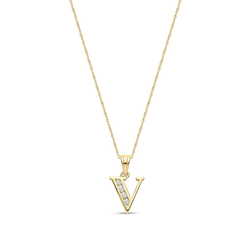 9ct Yellow Gold Channel Set Cubic Zirconia Initial Pendant - Initial V