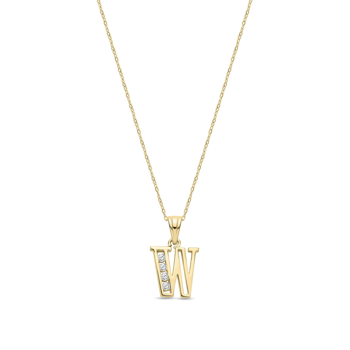 9ct Yellow Gold Channel Set Cubic Zirconia Initial Pendant - Initial W