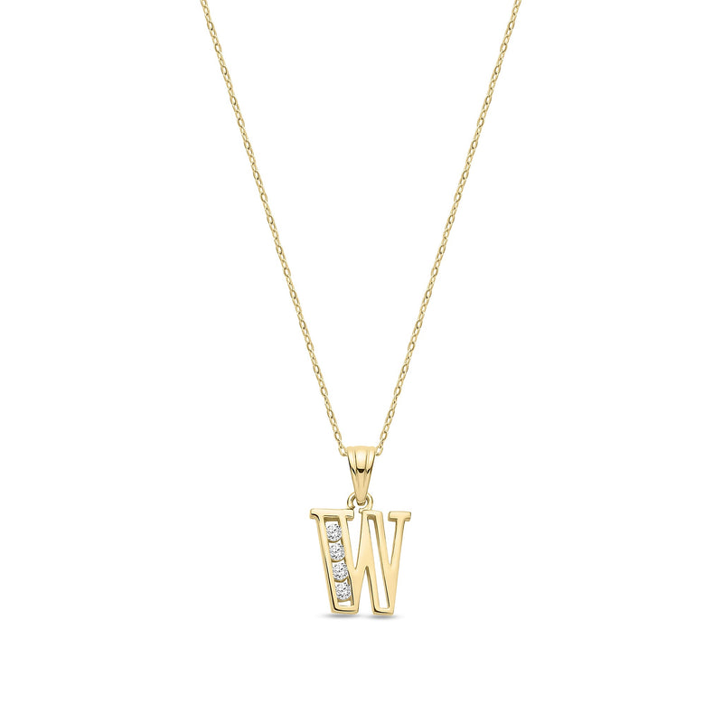 9ct Yellow Gold Channel Set Cubic Zirconia Initial Pendant - Initial W