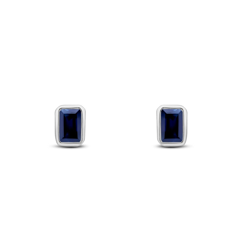 9ct White Gold Octagonal Emerald Cut Natural Sapphire Rubover Stud Earrings — 5x3mm