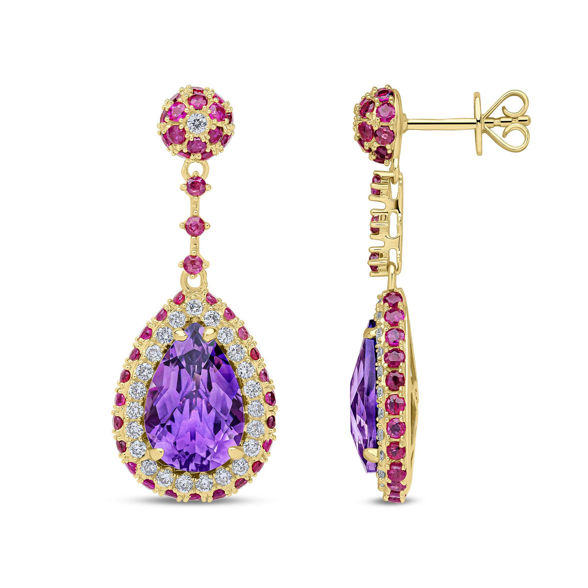 18ct Yellow Gold Natural Amethyst, Ruby and Diamond Drop Earrings