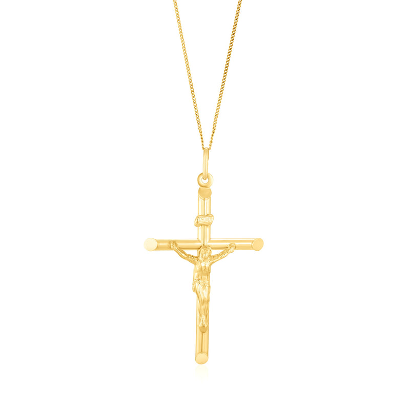 9ct Yellow Gold Round Tube Crucifix Pendant — 28mm