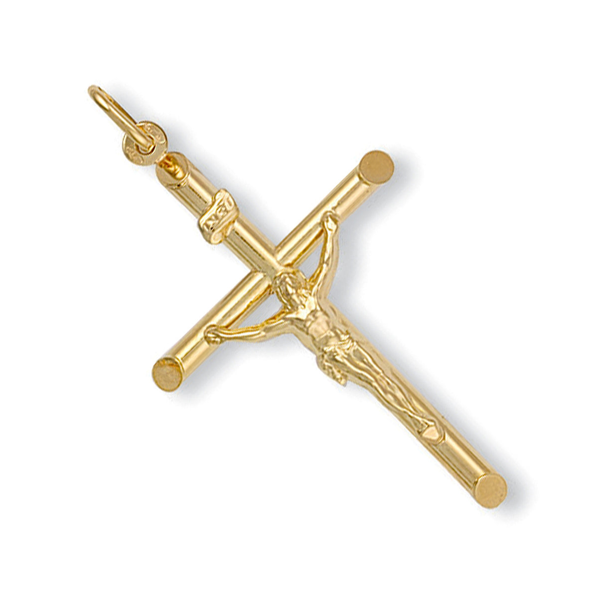 9ct Yellow Gold Round Tube Crucifix Pendant — 28mm