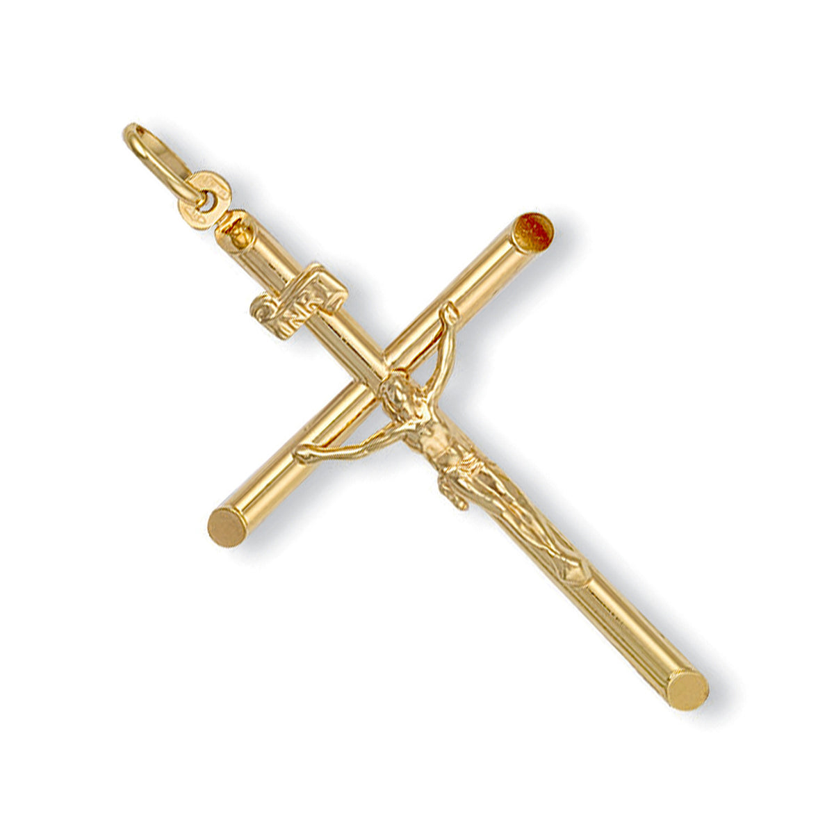 9ct Yellow Gold Round Tube Crucifix Pendant — 32mm