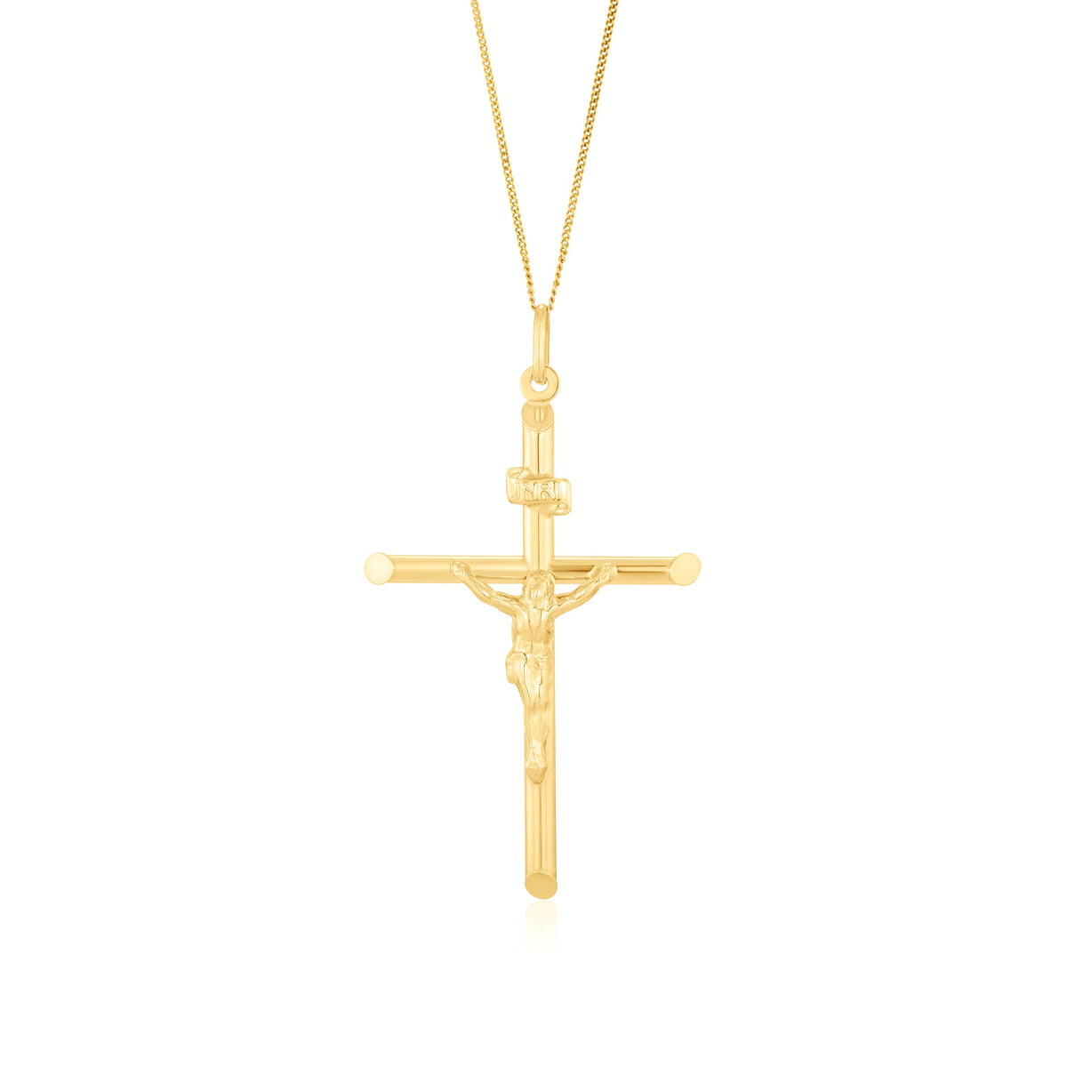9ct Yellow Gold Round Tube Crucifix Pendant — 32mm