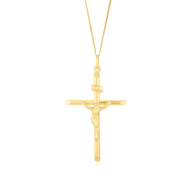 9ct Yellow Gold Round Tube Crucifix Pendant — 32mm