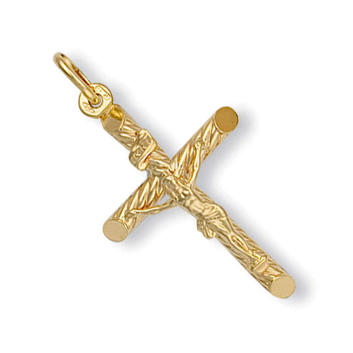 9ct Yellow Gold Decorative Round Tube Crucifix Pendant