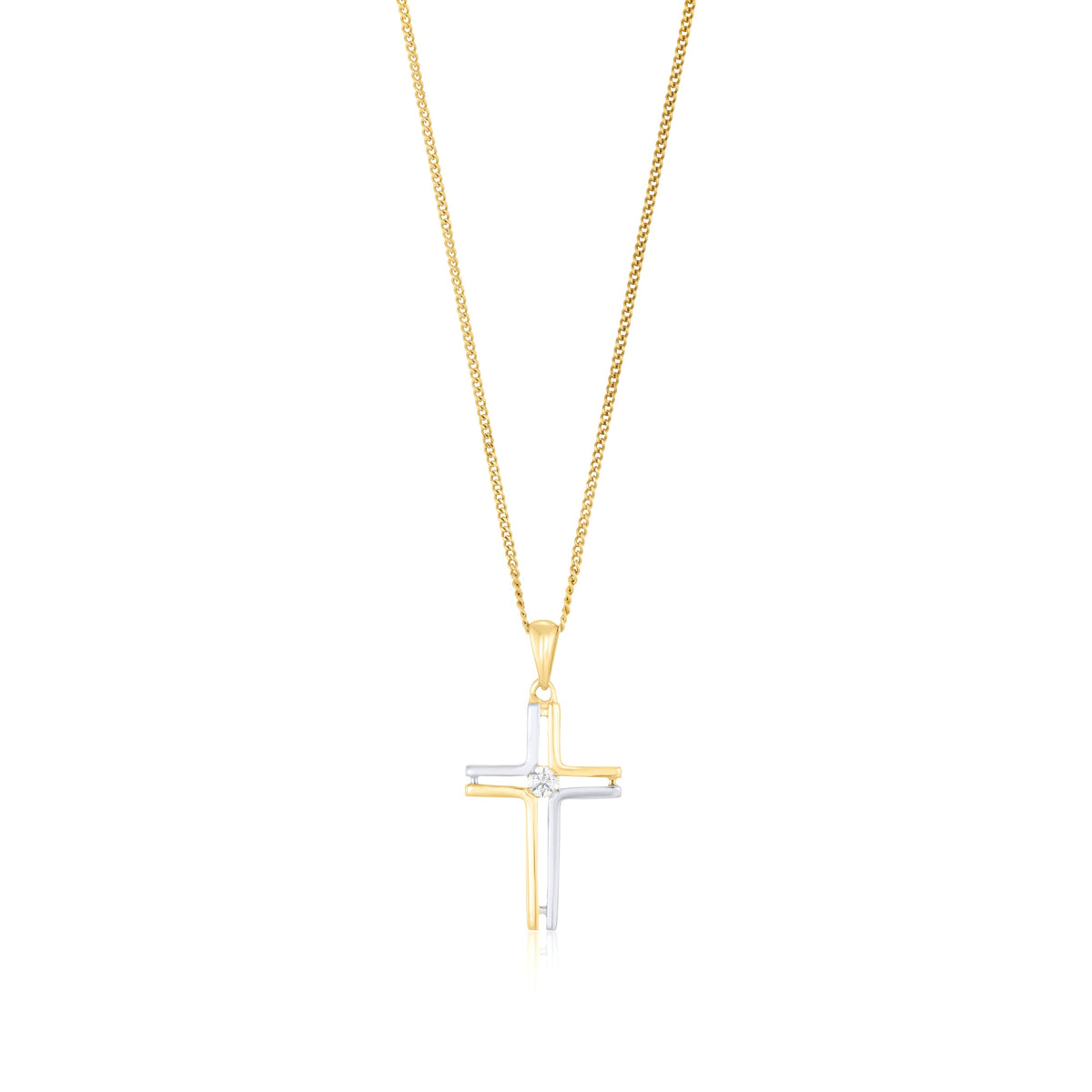 9ct Yellow and White Gold Two Tone CZ Cubic Zirconia Cross Pendant