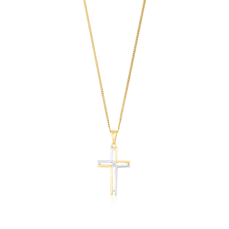 9ct Yellow and White Gold Two Tone CZ Cubic Zirconia Cross Pendant