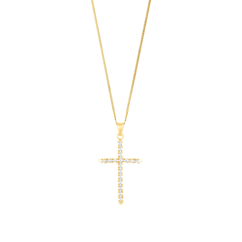 9ct Yellow and White Gold Two Tone Diamond-Cut Cross Pendant