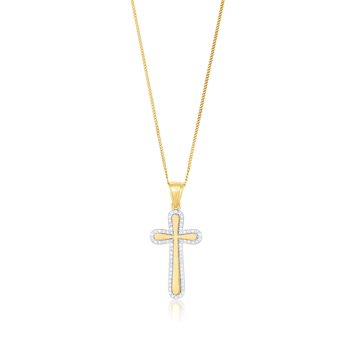 9ct Yellow and White Gold Two Tone CZ Cubic Zirconia Outline Cross Pendant