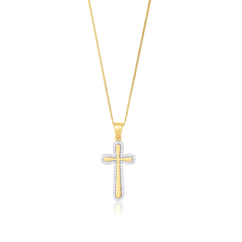 9ct Yellow and White Gold Two Tone CZ Cubic Zirconia Outline Cross Pendant
