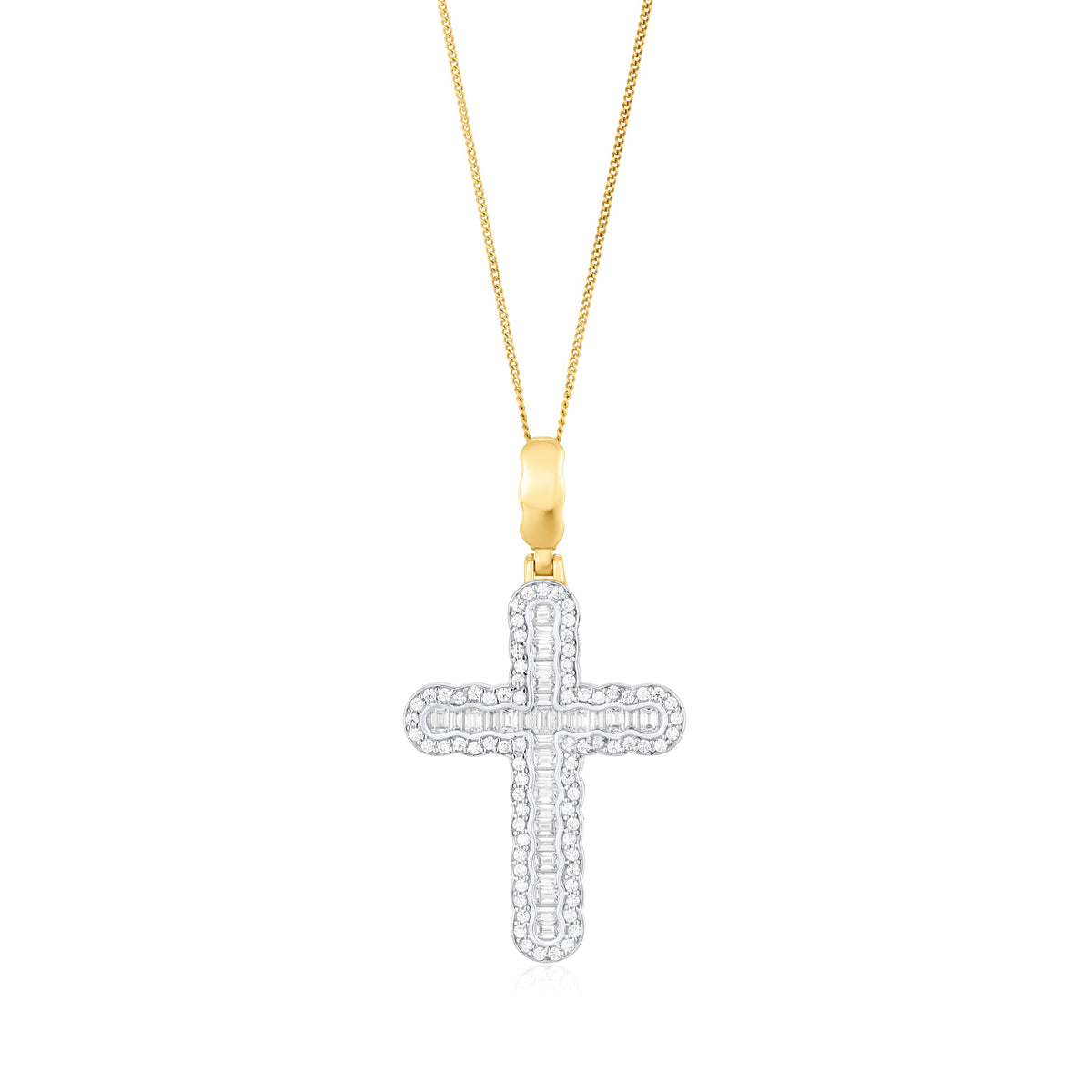 9ct Yellow and White Gold Two Tone CZ Cubic Zirconia Baguette Cross Pendant