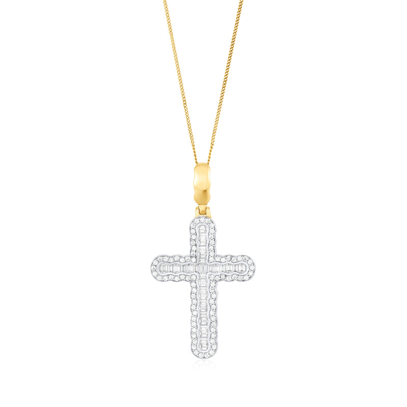 9ct Yellow and White Gold Two Tone CZ Cubic Zirconia Baguette Cross Pendant