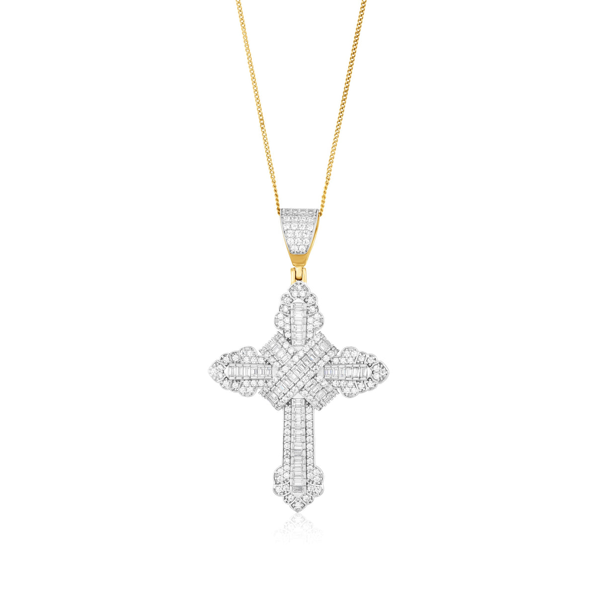 9ct Yellow and White Gold Two Tone CZ Cubic Zirconia Vintage Kiss Cross Pendant
