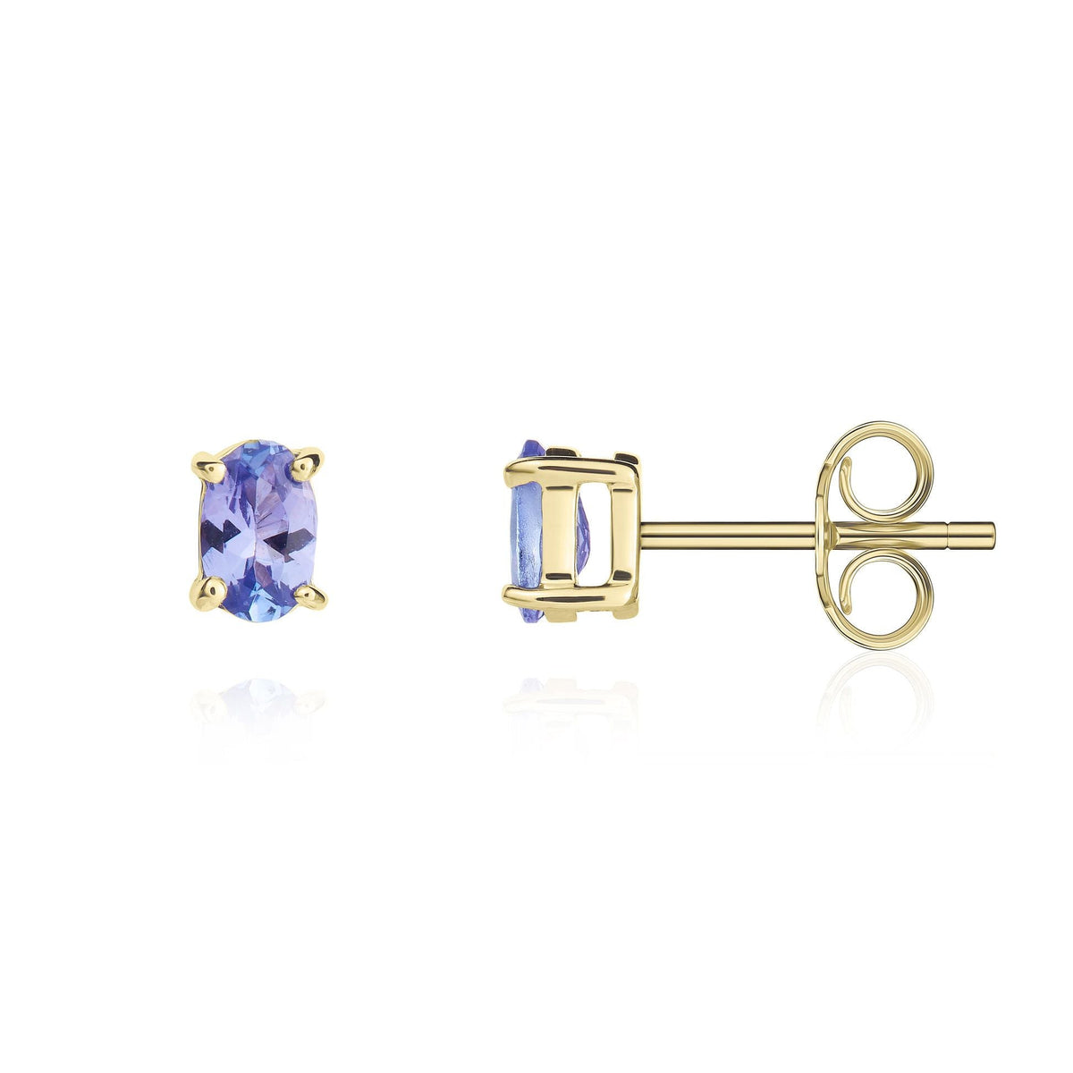 9ct Yellow Gold Oval Natural Tanzanite Claw Stud Earrings — 5x3mm