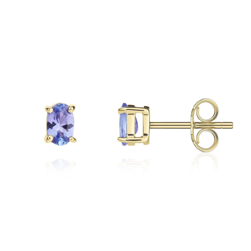 9ct Yellow Gold Oval Natural Tanzanite Claw Stud Earrings — 5x3mm