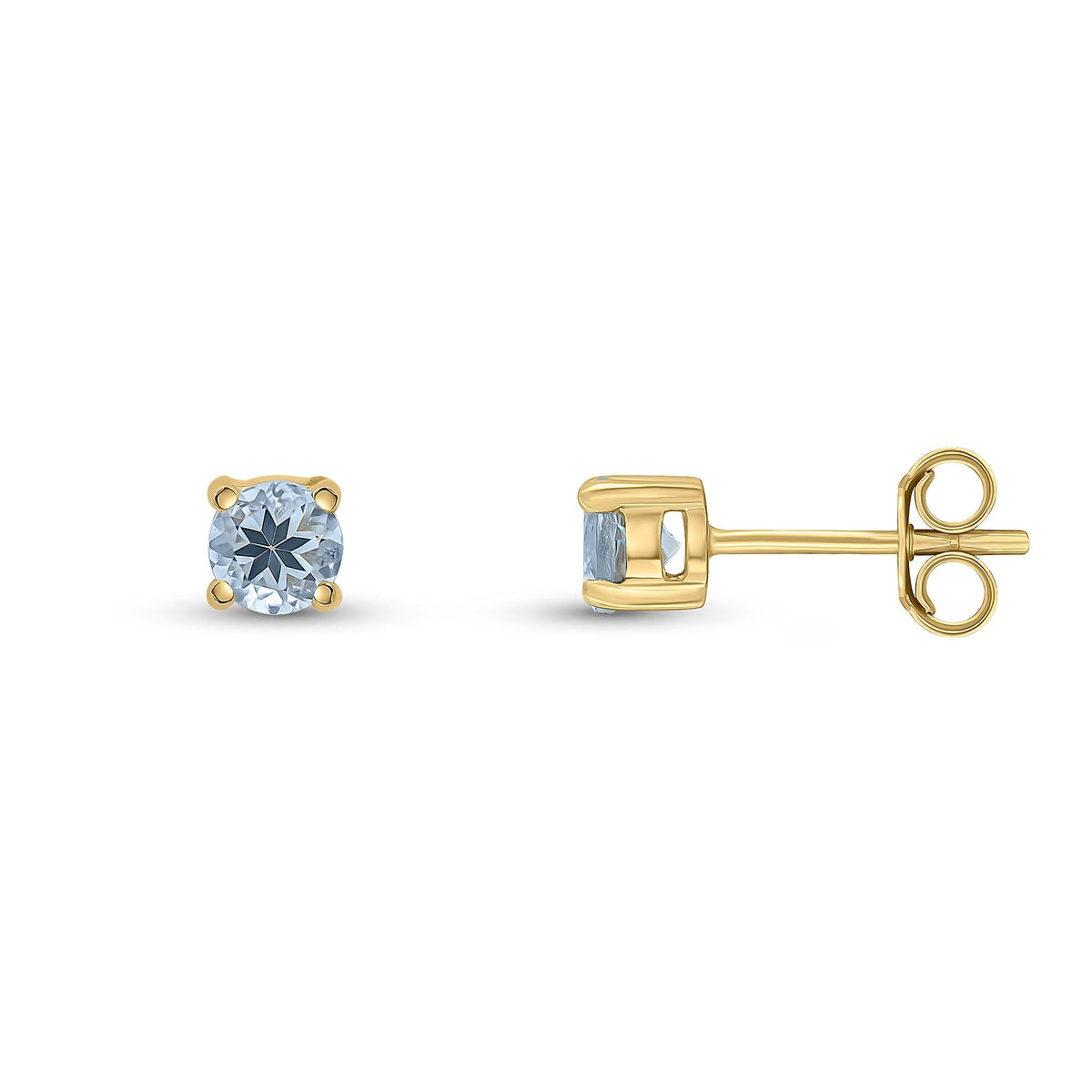 9ct Yellow Gold Round Natural Aquamarine Claw Stud Earrings — 4mm