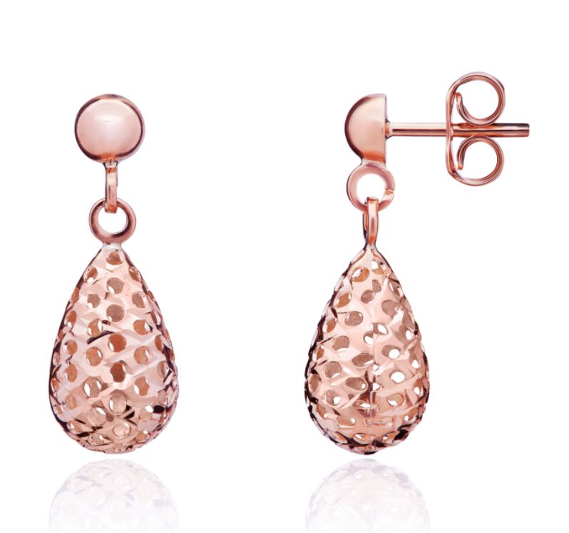 9ct Rose Gold Pierced-Out Bombé Drop Earrings with Polished Half Bead Top — 21x7mm