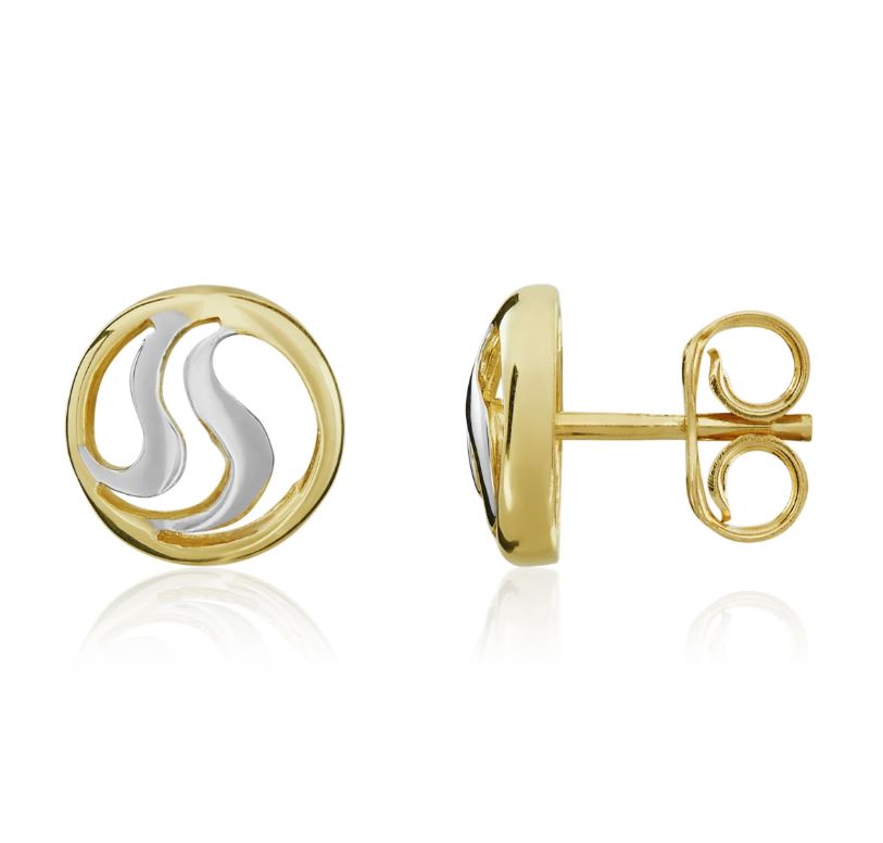 9ct Yellow and White Gold Circle Double Squiggle Stud Earrings — 8mm