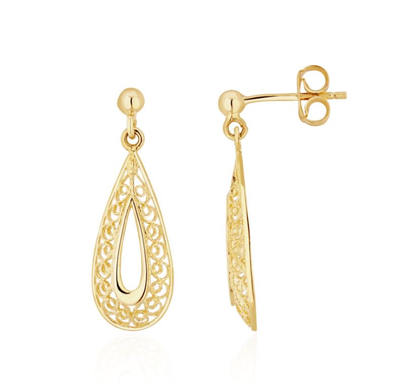 9ct Yellow Gold Filigree Open Pear Shaped Drop Earrings with 3mm Ball Top — 27x9mm