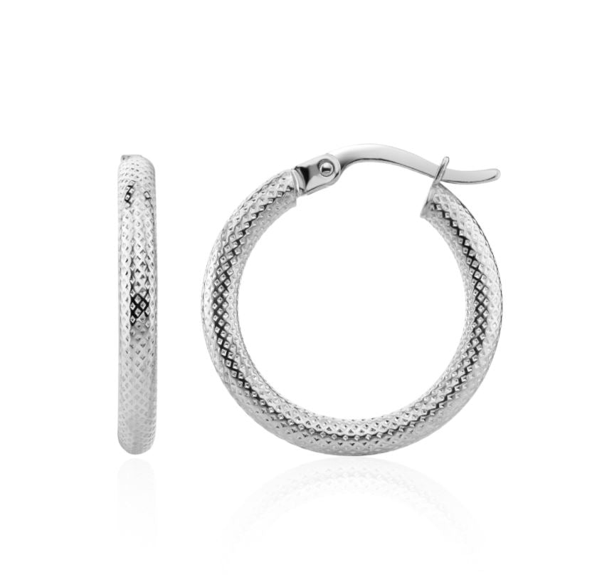 9ct White Gold Stippled Round Hoop Earrings – 20x2.5mm