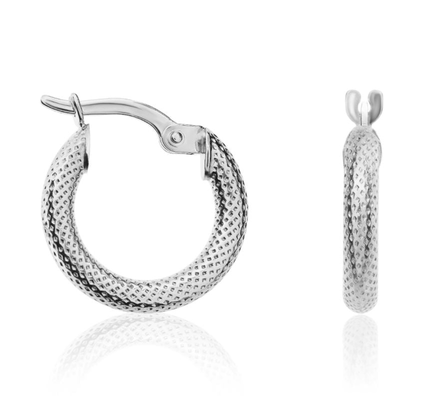 9ct White Gold Stippled Round Hoop Earrings – 15x2.5mm