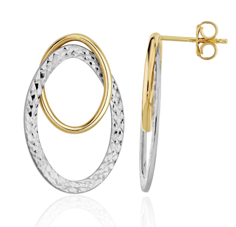 9ct Yellow Gold and Patterned White Gold Double Oval Drop Earrings — 25x16mm