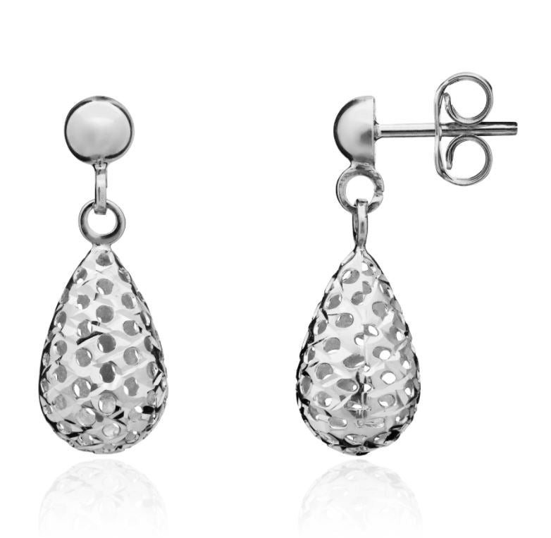 9ct White Gold Pierced Bombe Drop Earrings — 21mm